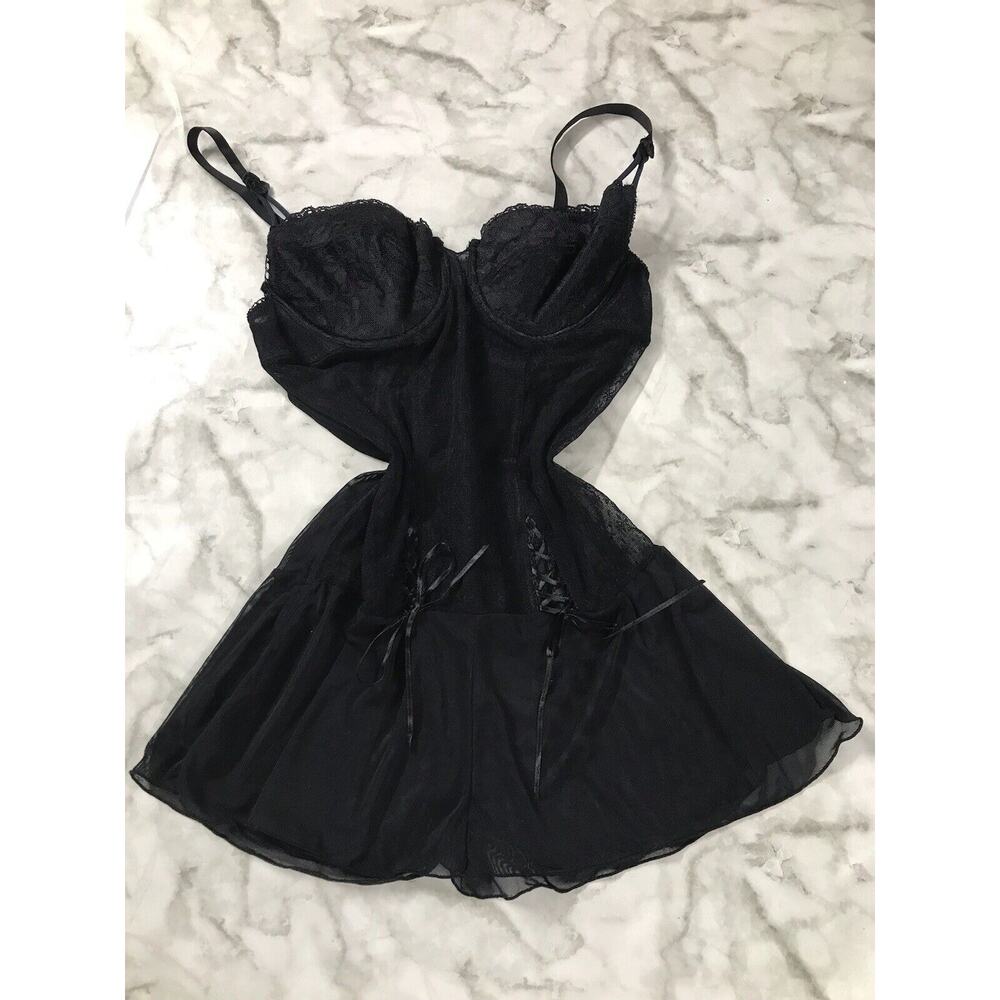 Vintage Y2K Lace Mesh Strappy Sz M/L Black Slip Dress Nightie